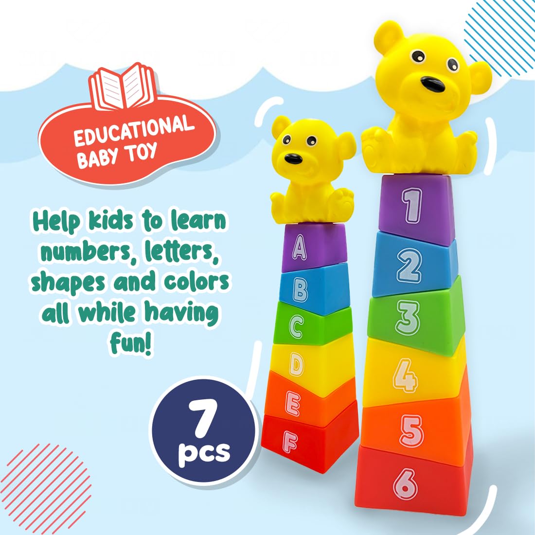 Stacking Baby Bath Toys (6 Blocks with Teddy Top)