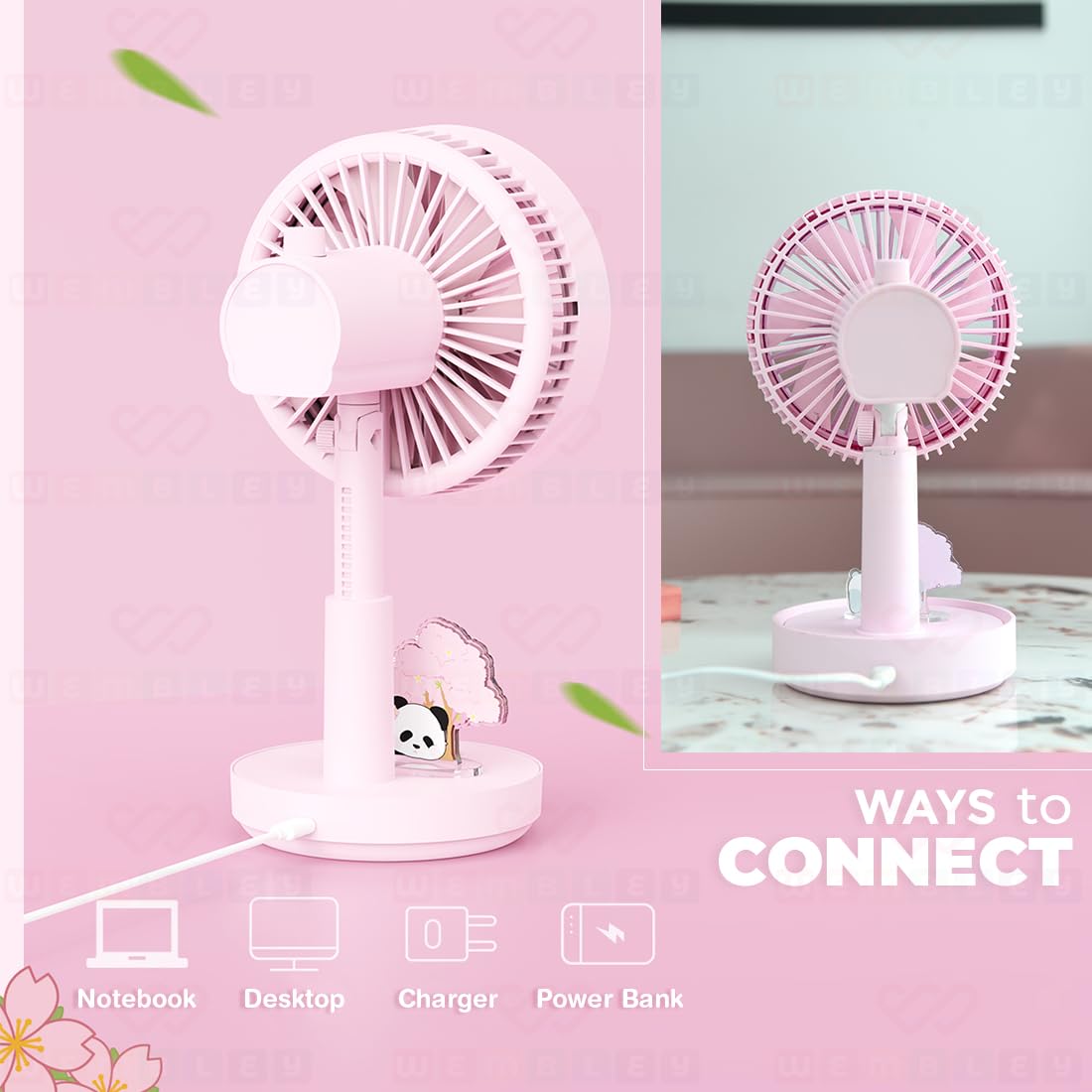 Mini Handheld Fan With Detachable Cute Panda (Pink)
