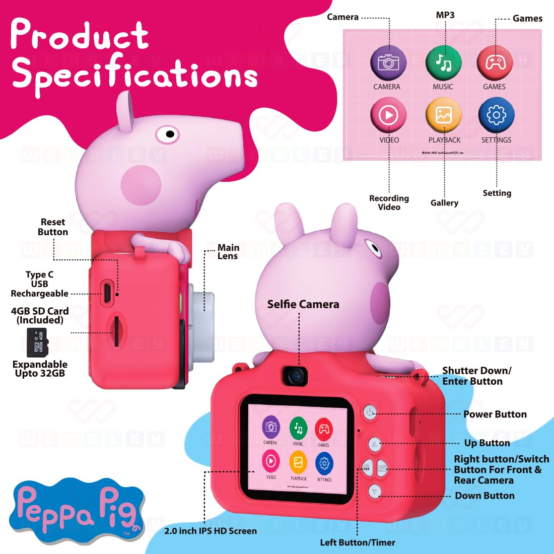 Kids Digital Camera Peppa Pig Design Video Recorder - Pink