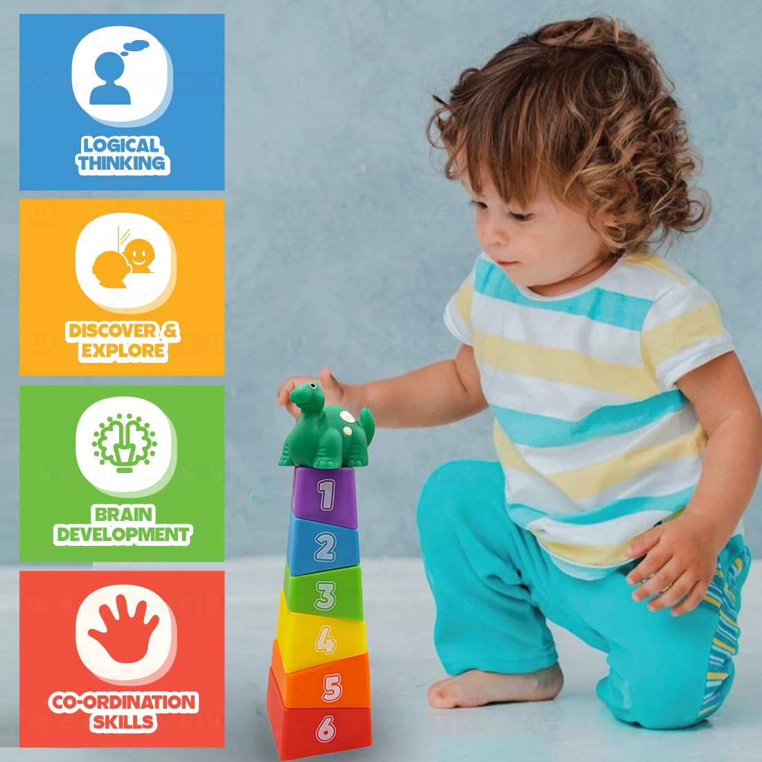 Stacking Baby Bath Toys (6 Blocks with Dinosaur Top)
