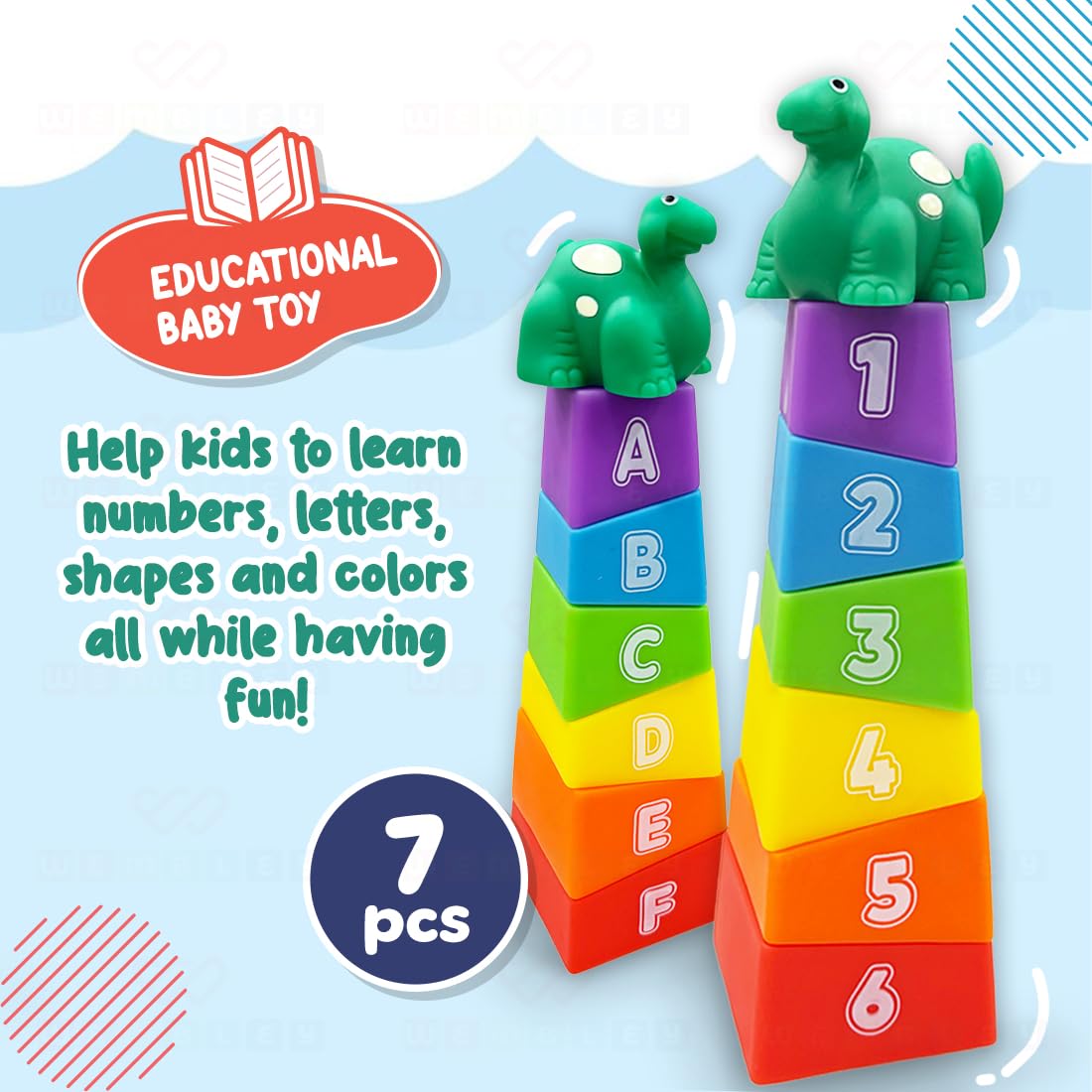 Stacking Baby Bath Toys (6 Blocks with Dinosaur Top)