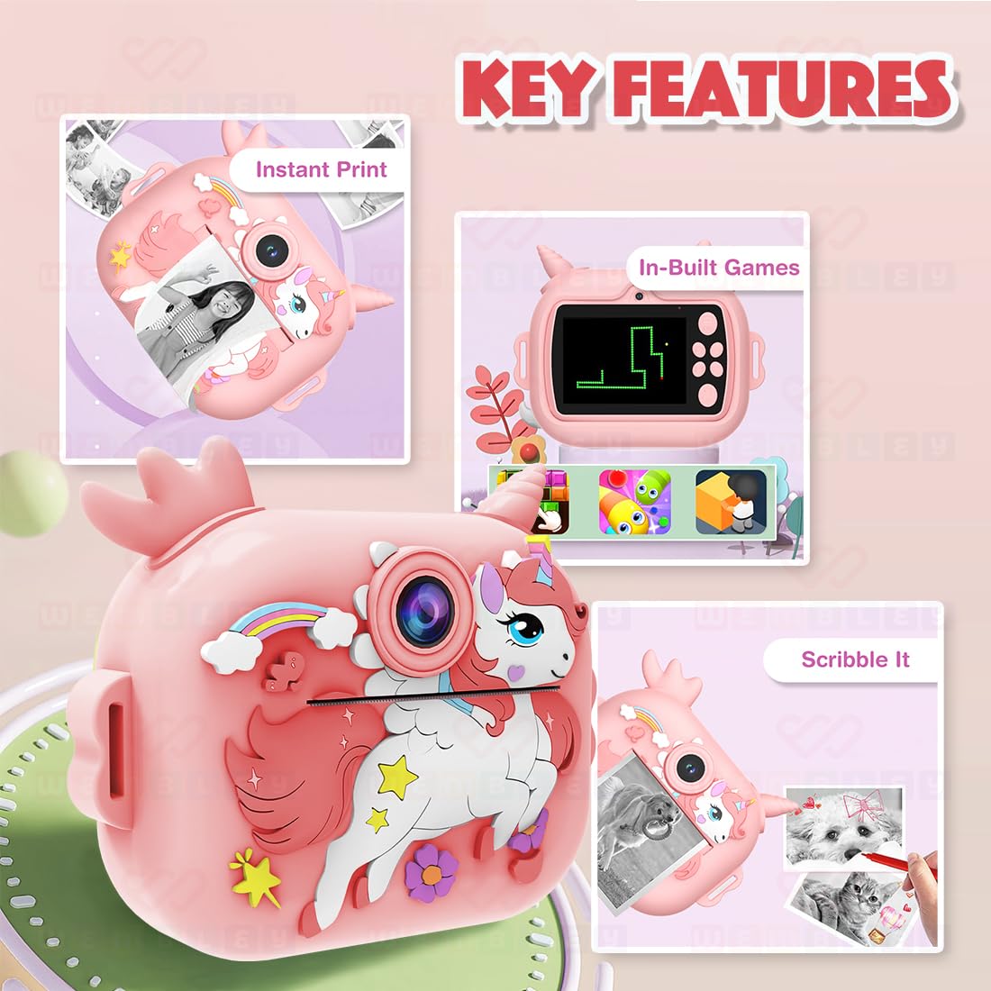 Instant Print Digital Camera for Kids Video Recorder (Unicorn)