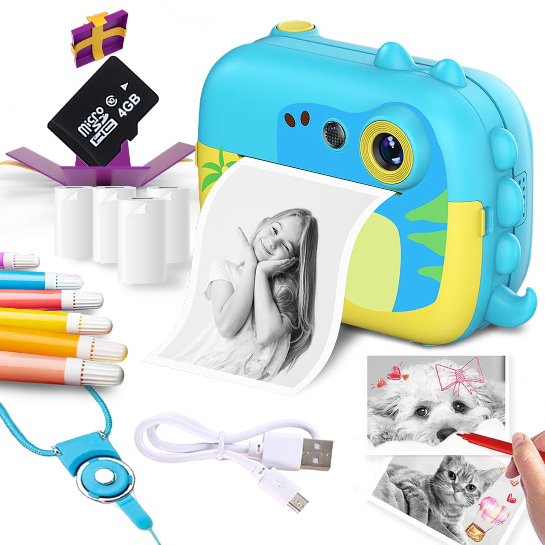 Instant Print Digital Camera for Kids Video Recorder (Dino)