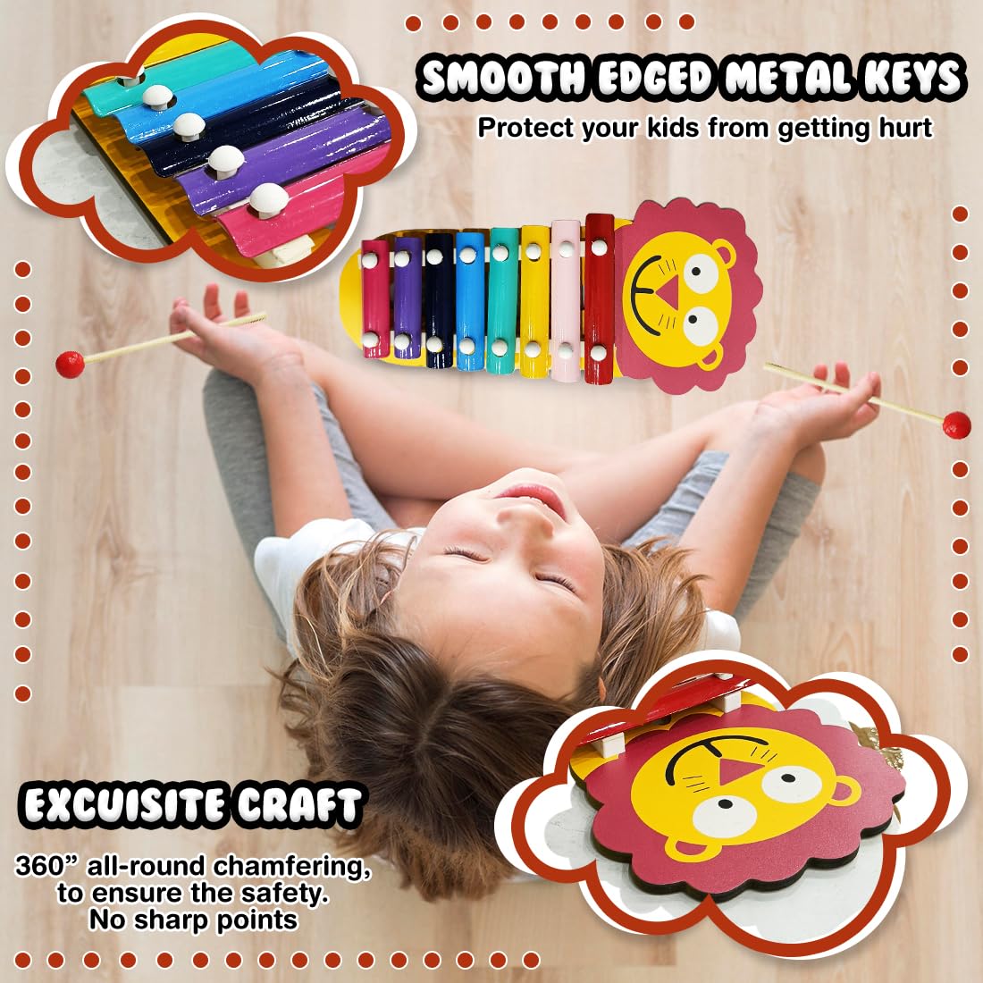 Lion Themed Wooden Preschool Xylophone Piano with 2 Mallets