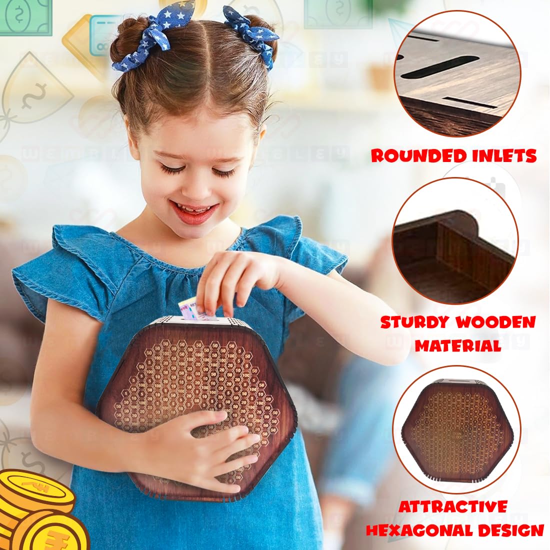Wooden Hexagon Modern Money Saving Box with Goal Tracker
