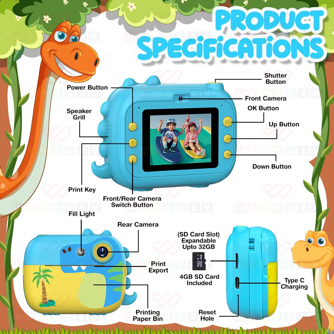 Instant Print Digital Camera for Kids Video Recorder (Dino)