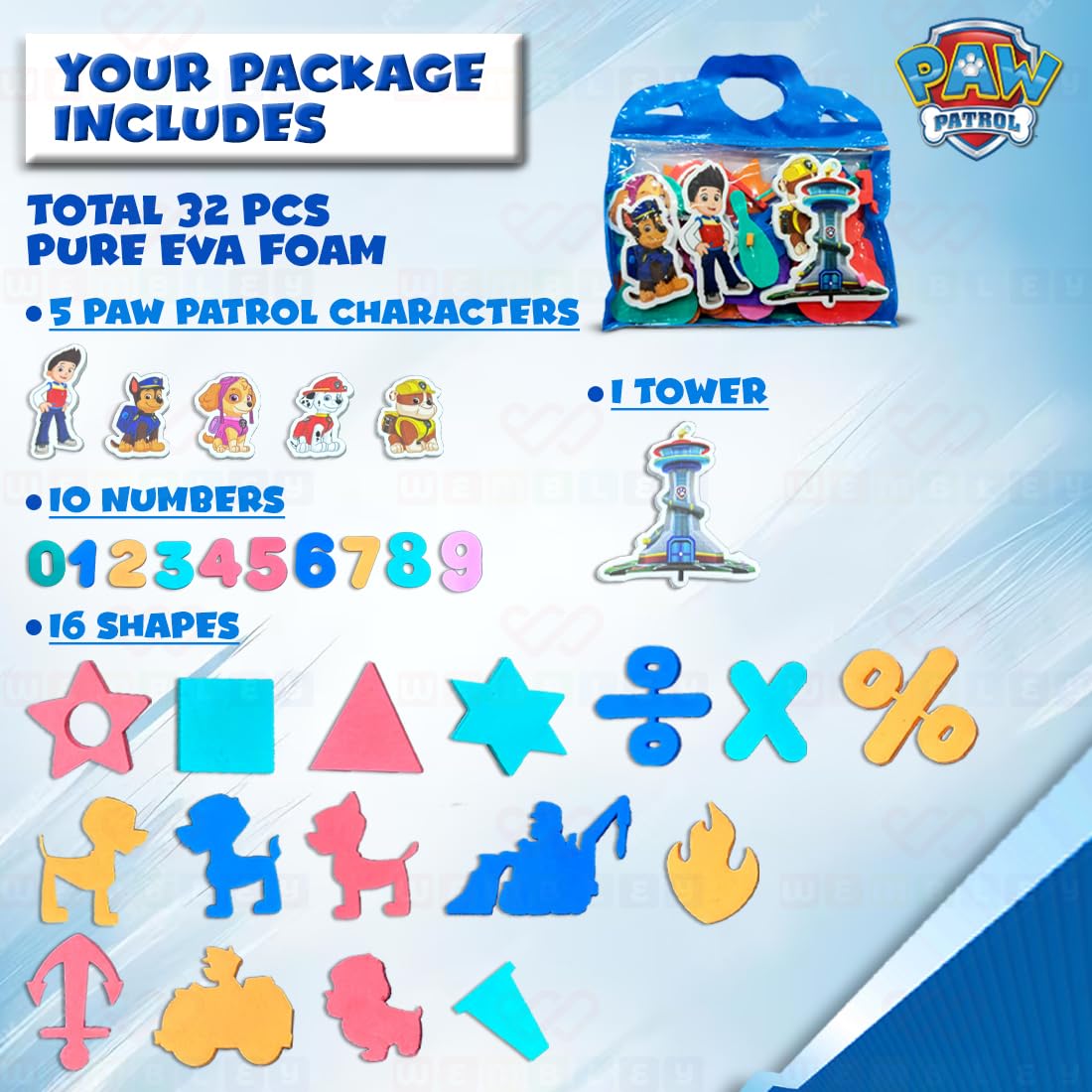 Paw Patrol Foam Cutouts Bath Toy-Set of 32