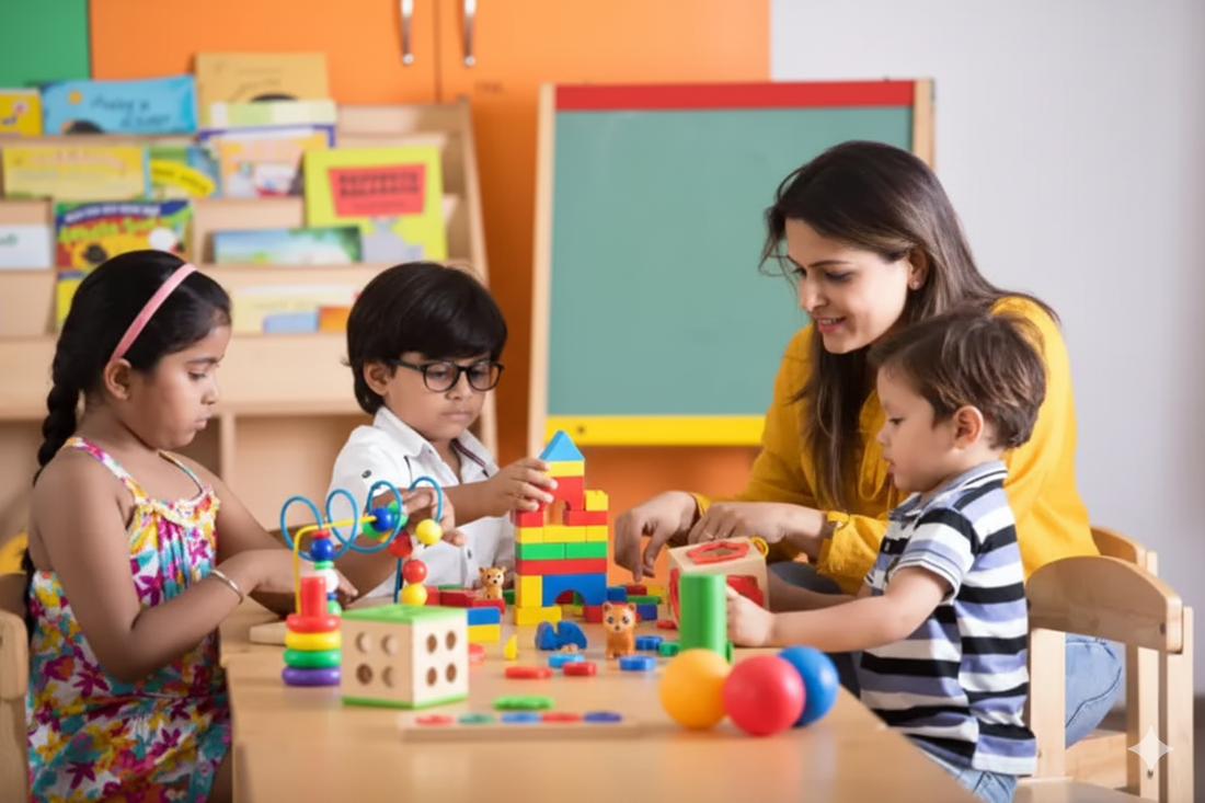 A mother teaches children with colorful toys, illustrating how to choose safe toys for your child in a classroom setting.