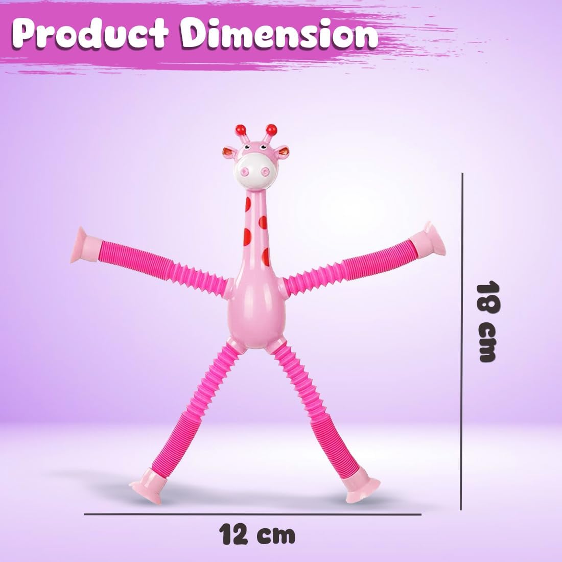 Sensory Telescopic Giraffe Suction Toy for Kids shown with dimensions 18 cm height and 12 cm width on a colorful background.