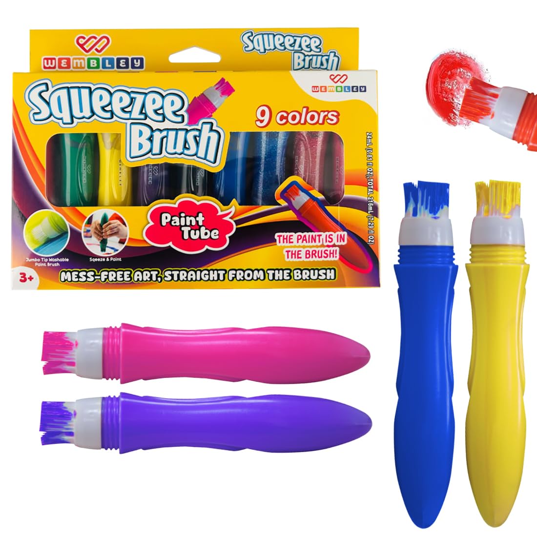 Assorted Squeeze Paint Brush Set for Kids (9 Classic & 3 Metallic Colors)