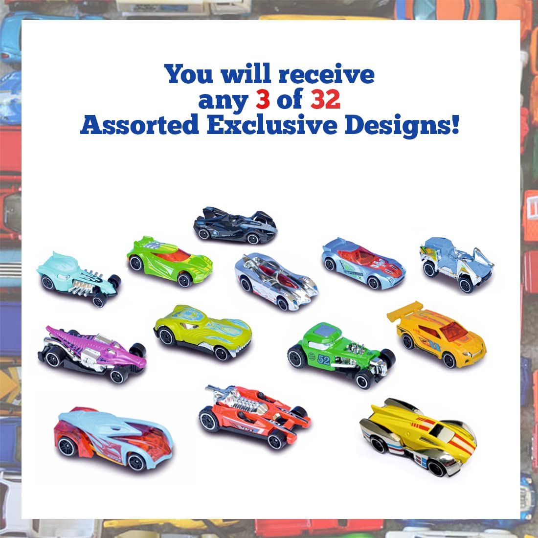 Set of Mini 1:64 Scale Die-Cast Free Wheel Toy Cars (Assorted Colors, 3 Pcs)