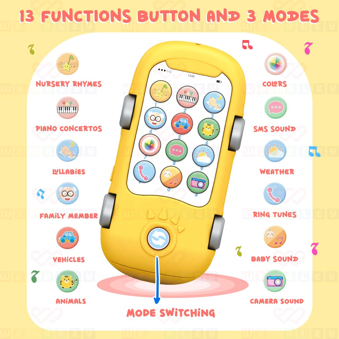 Crocodile Themed Functional & Educational Projection Toy Phone (Yellow)