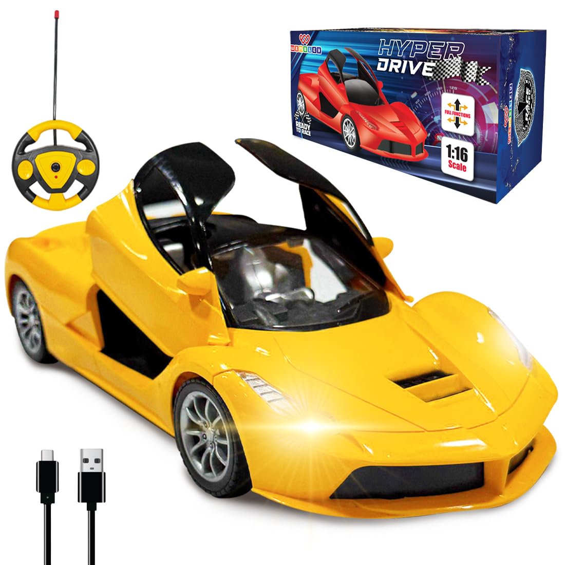 Hyper Drive RC Car Toy with LED Lights & Openable Doors
