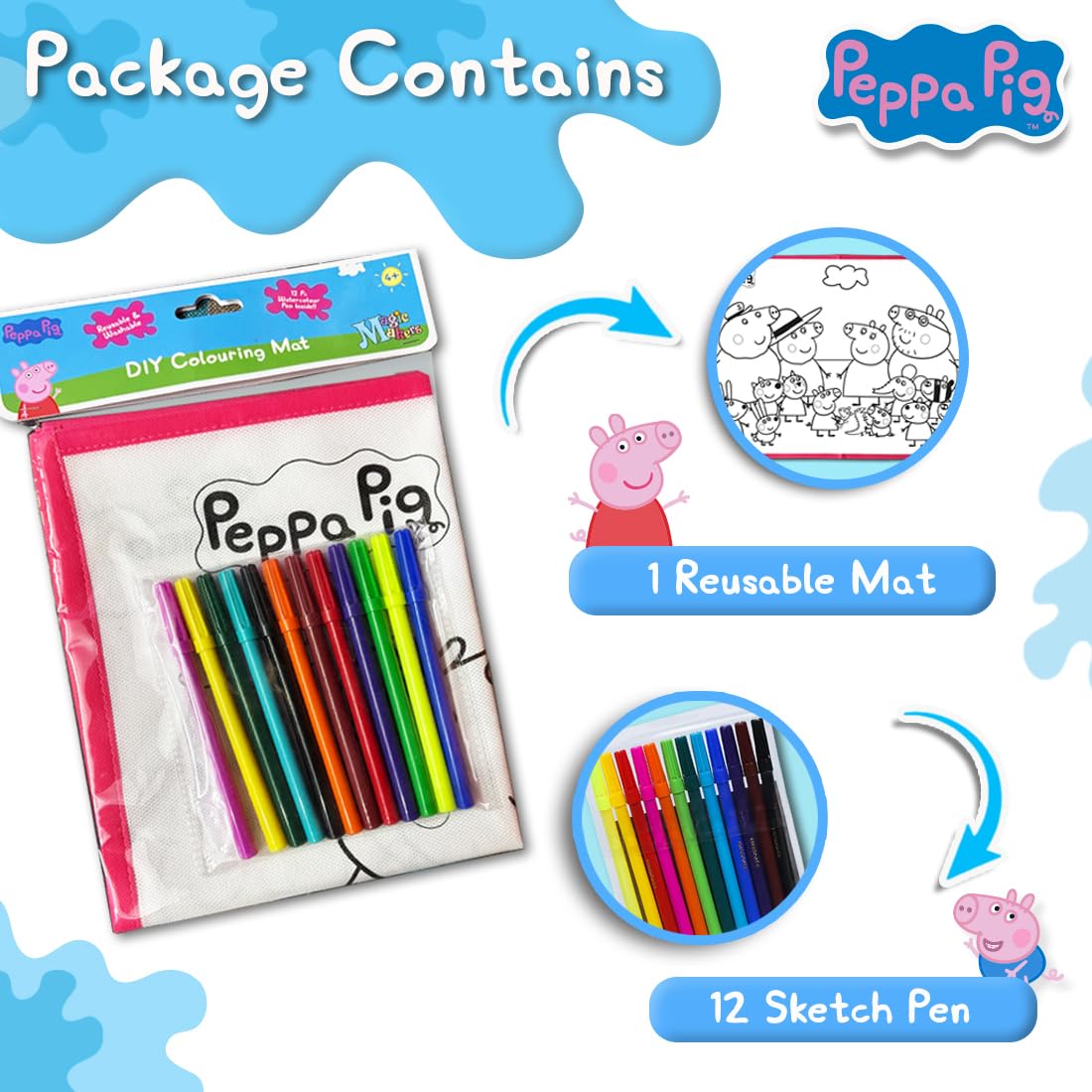 Peppa Pig Reusable Coloring Mat with 12 Markers
