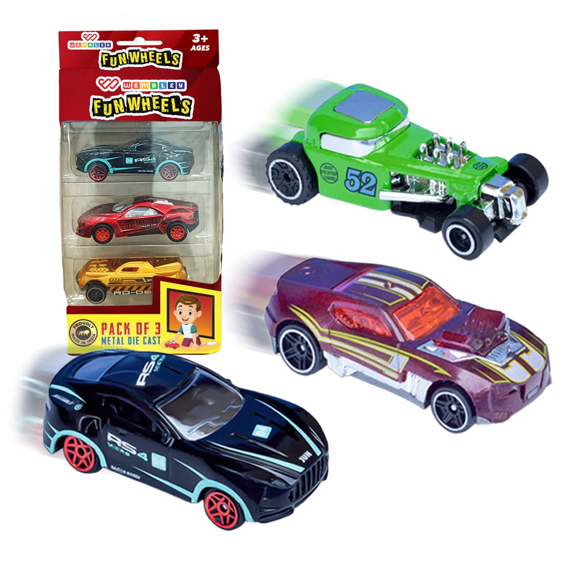 Set of Mini 1:64 Scale Die-Cast Free Wheel Toy Cars (Assorted Colors, 3 Pcs)
