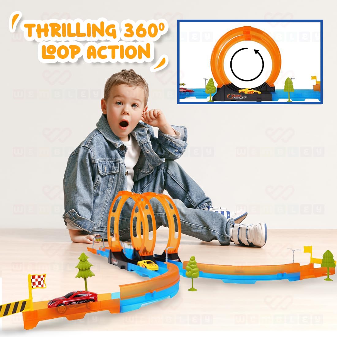 360° Spin Pull Back Car Track Set for Kids with 2 Cars