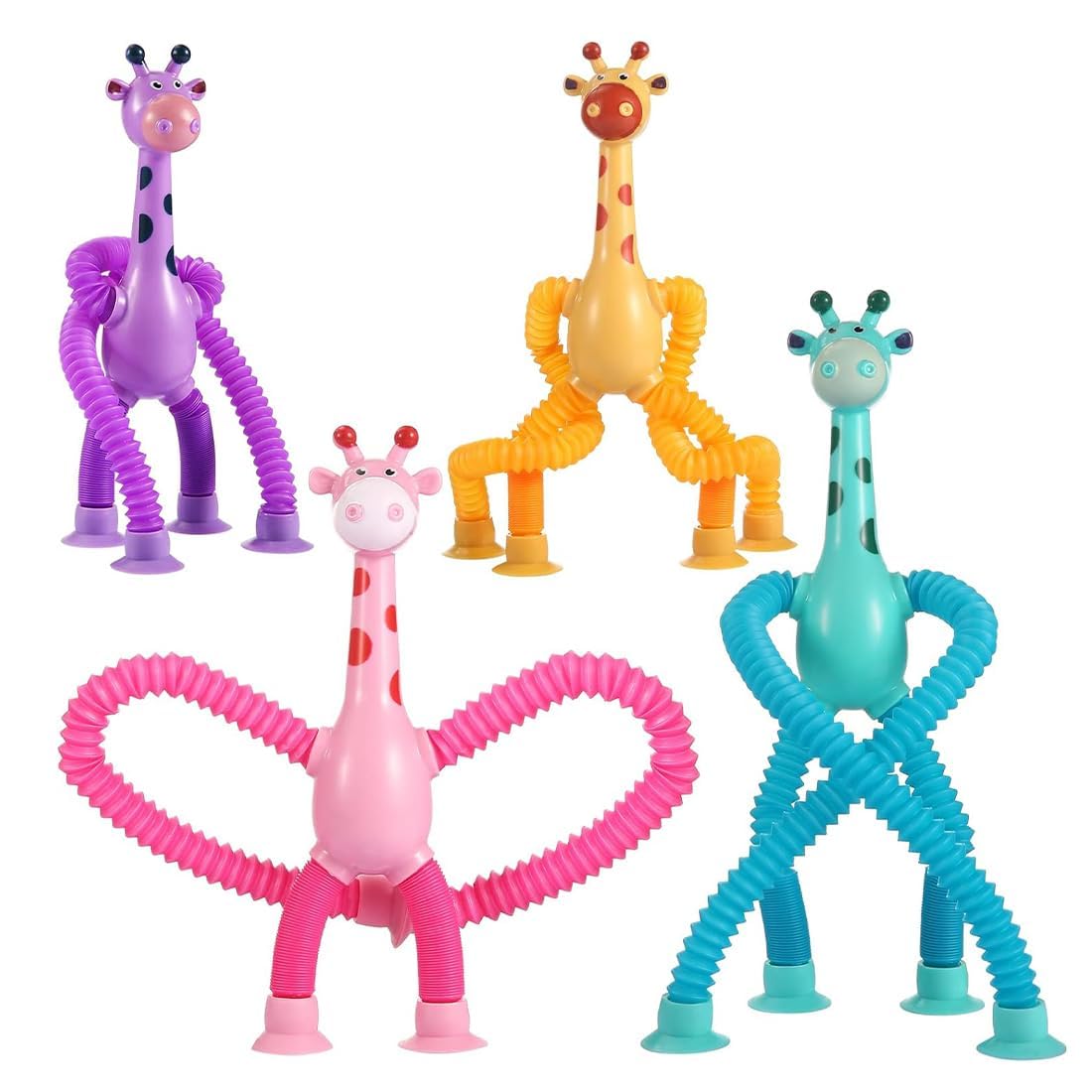 Sensory Telescopic Giraffe Suction Toy for Kids in assorted colors, featuring flexible tubes and playful design.