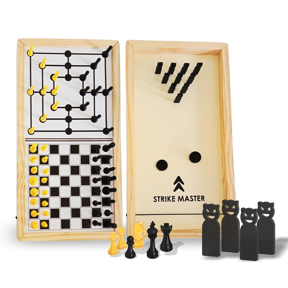3-in-1 Strategic Wooden Chess Board Indoor Game Set with Strike Master & Nine Men's Morris