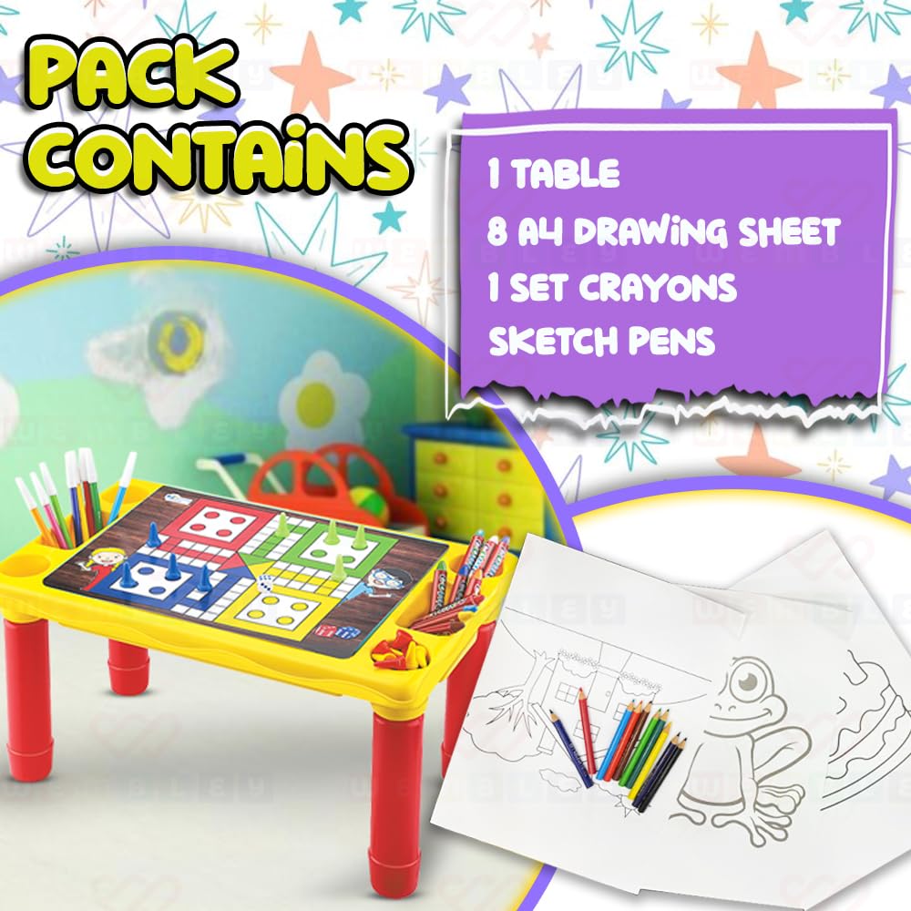 2-In-1 Study Table for Kids with Ludo, A4 Sheets & Sketch Pens