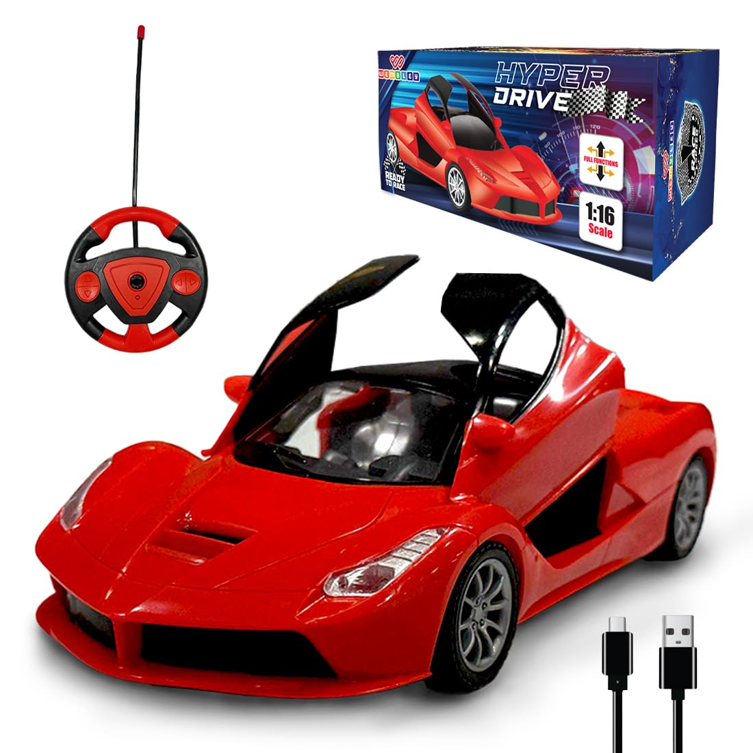 Hyper Drive RC Car Toy with LED Lights & Openable Doors