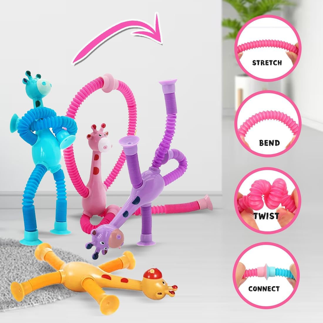 A collection of colorful Sensory Telescopic Giraffe Suction Toy for Kids demonstrating stretch, bend, twist, and connect features.