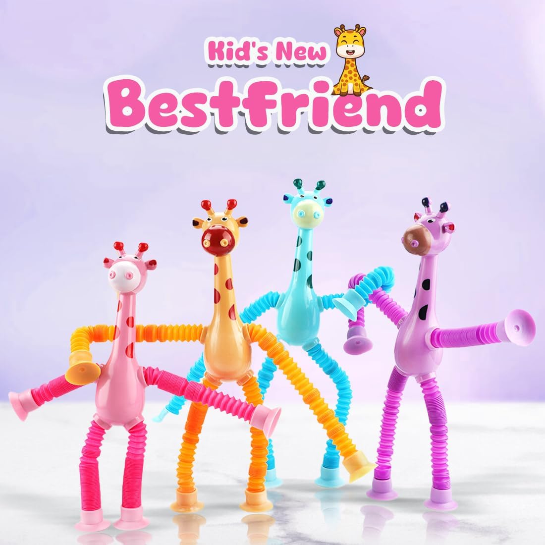 Sensory Telescopic Giraffe Suction Toy for Kids colorful and flexible giraffe toys in assorted colors with suction cups.