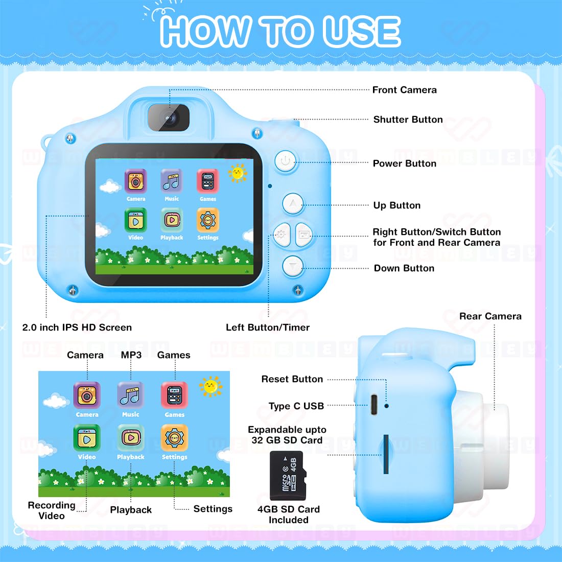 Kids Digital Camera Dino Design Video Recorder - Blue