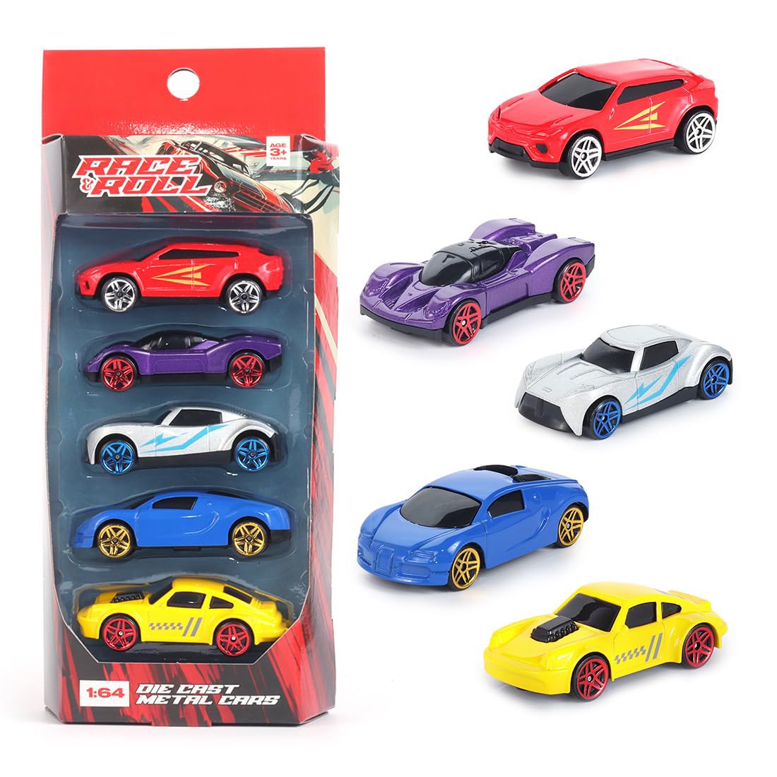 Mini Die Cast Car Free Wheel Toy Vehicle Play Set (Set of 5, Assorted Colors)