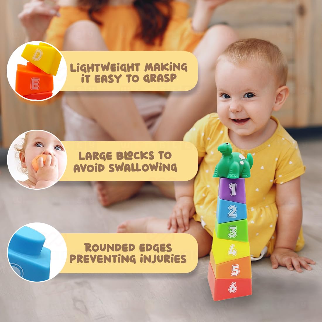 Stacking Baby Bath Toys (6 Blocks with Dinosaur Top)