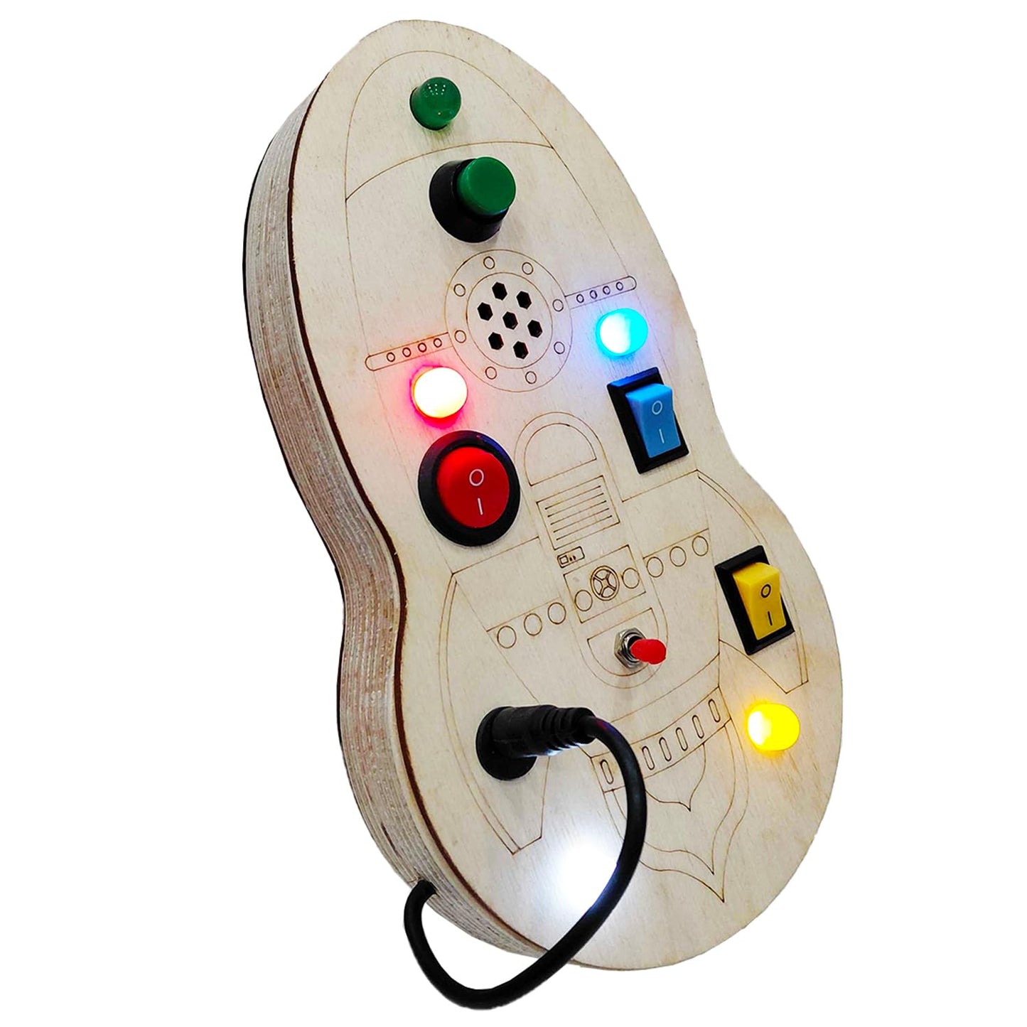 Interactive & Sensory Busy Board with LED Lights, Switches & Rhymes (Rocket-Style)