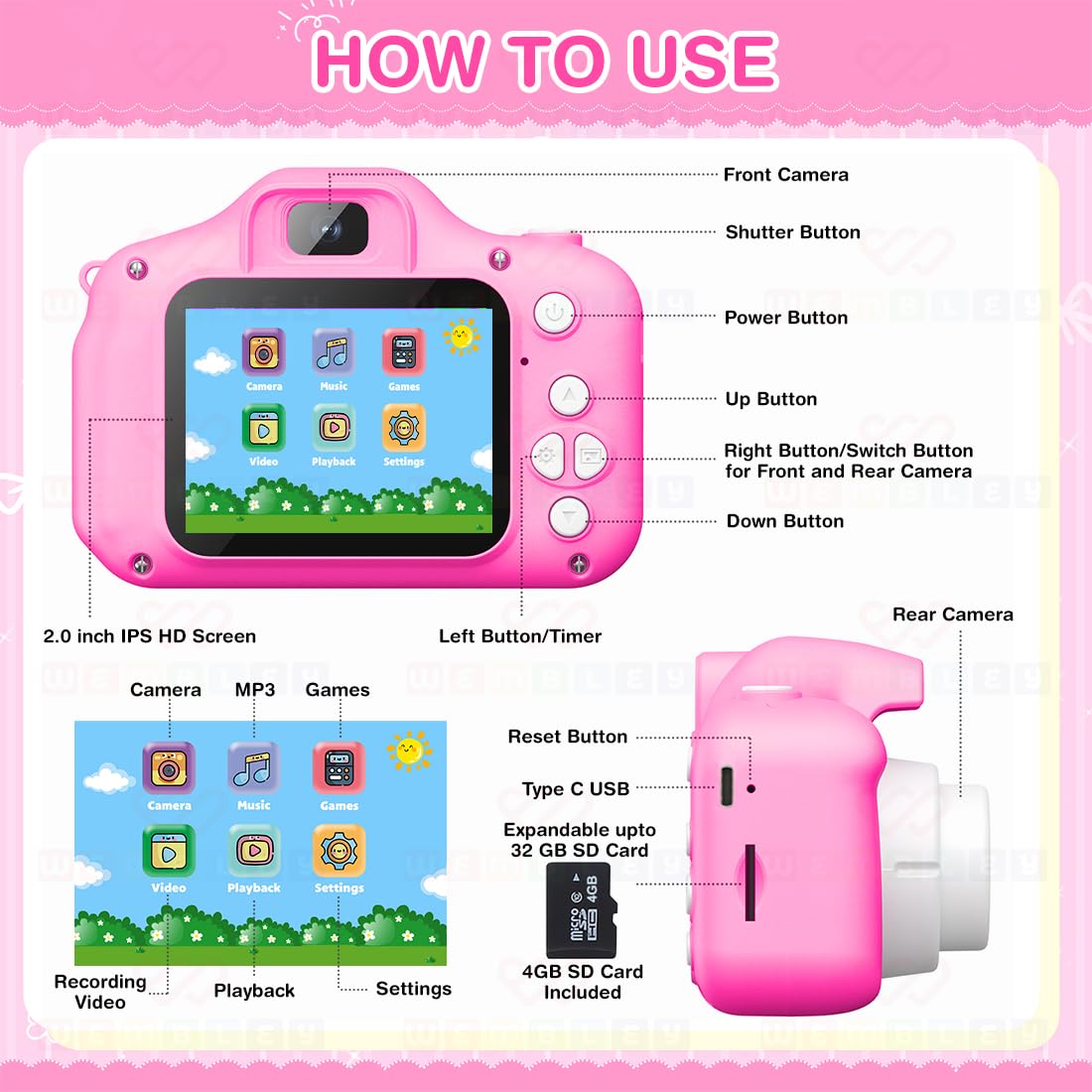 Kids Digital Camera Unicorn Design Video Recorder - Pink