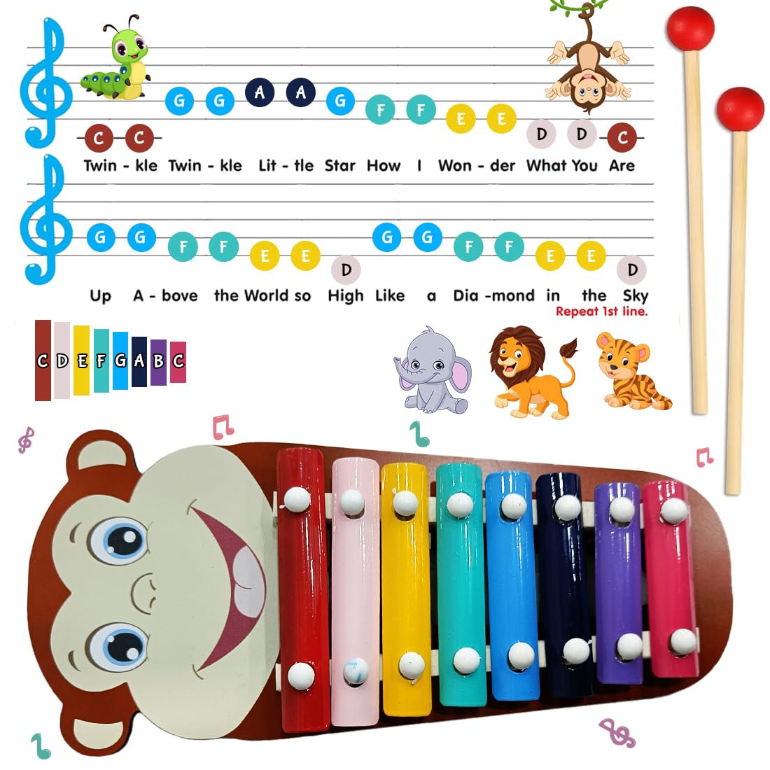 Monkey Themed Wooden Preschool Xylophone Piano with 2 Mallets