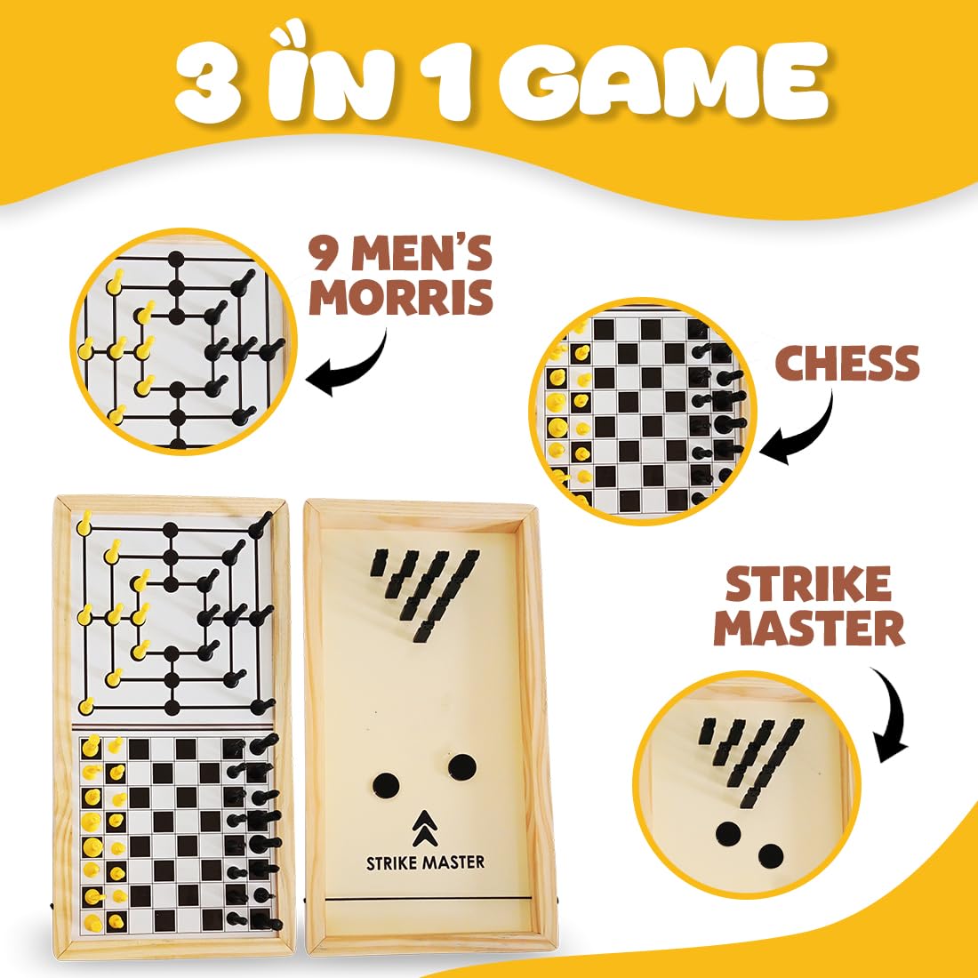 3-in-1 Strategic Wooden Chess Board Indoor Game Set with Strike Master & Nine Men's Morris