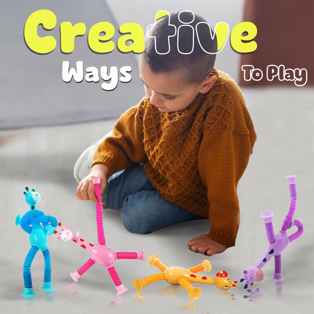 Child playing with colorful Sensory Telescopic Giraffe Suction Toy for Kids on the floor.