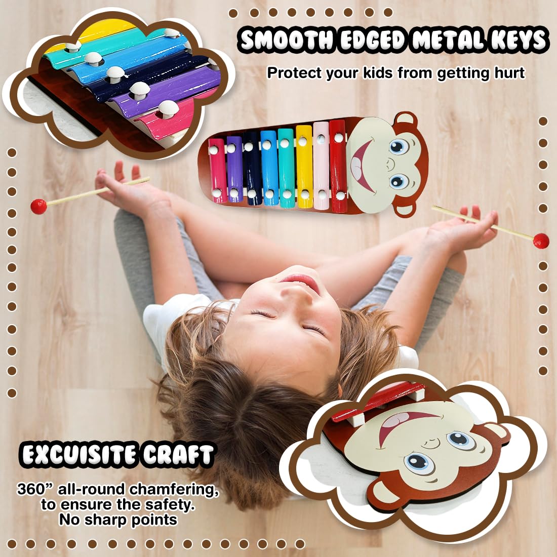 Monkey Themed Wooden Preschool Xylophone Piano with 2 Mallets