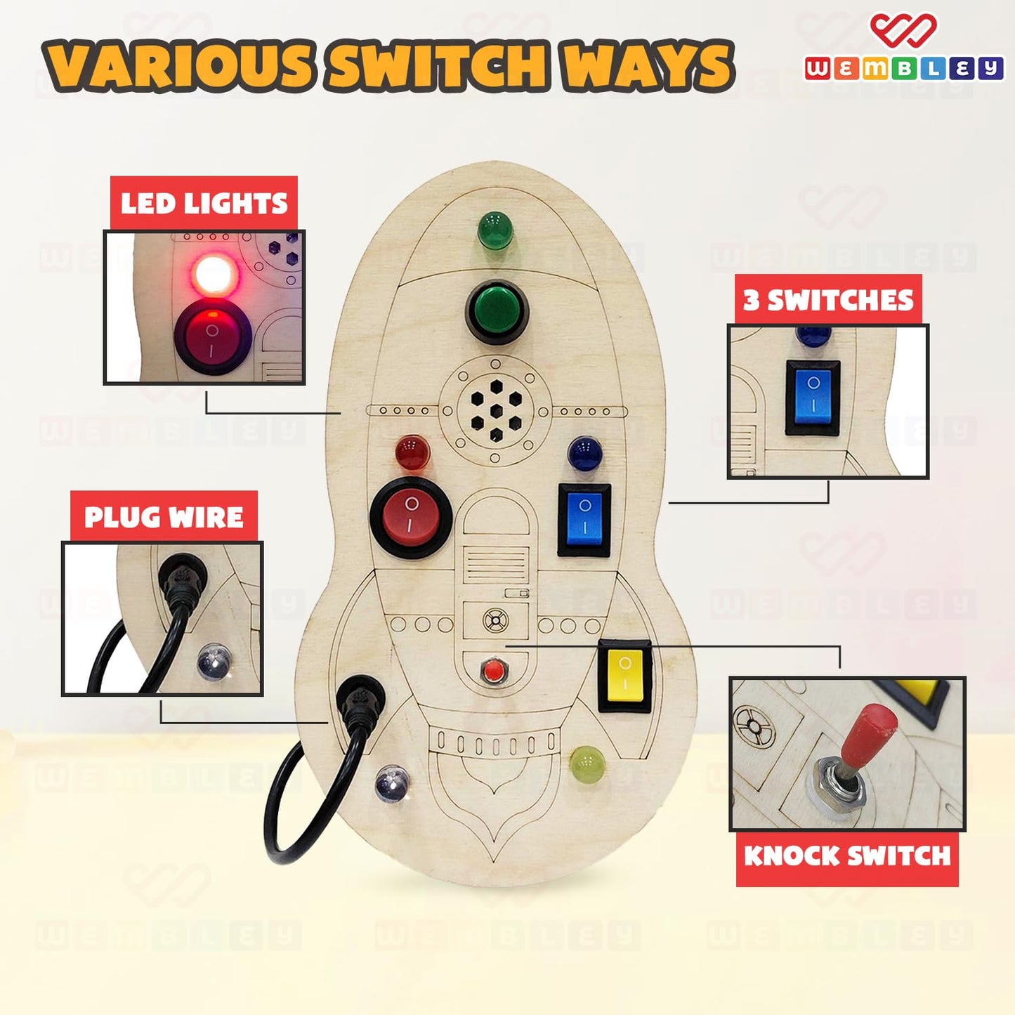 Interactive & Sensory Busy Board with LED Lights, Switches & Rhymes (Rocket-Style)