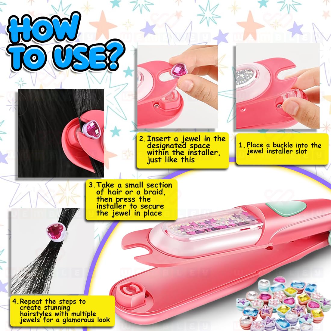 Hair Stapler Decoration Kit with 24 Pcs Jewel Beads & Hair Styling Accessories (Multicolor)