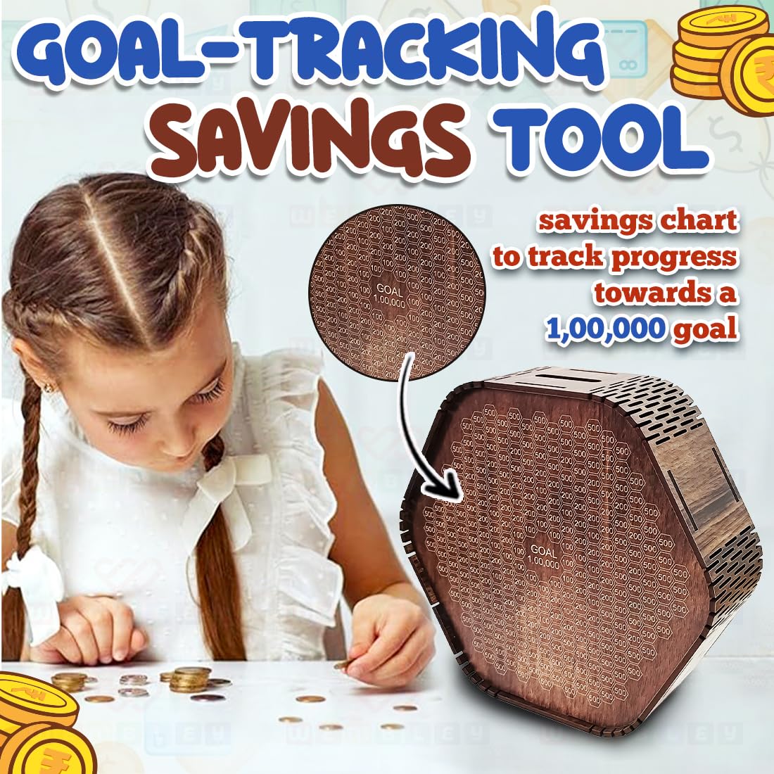 Wooden Hexagon Modern Money Saving Box with Goal Tracker