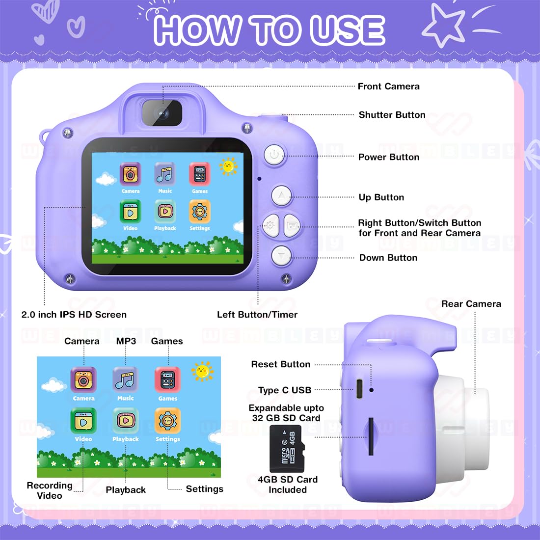 Kids Digital Camera Unicorn Design Video Recorder - Purple