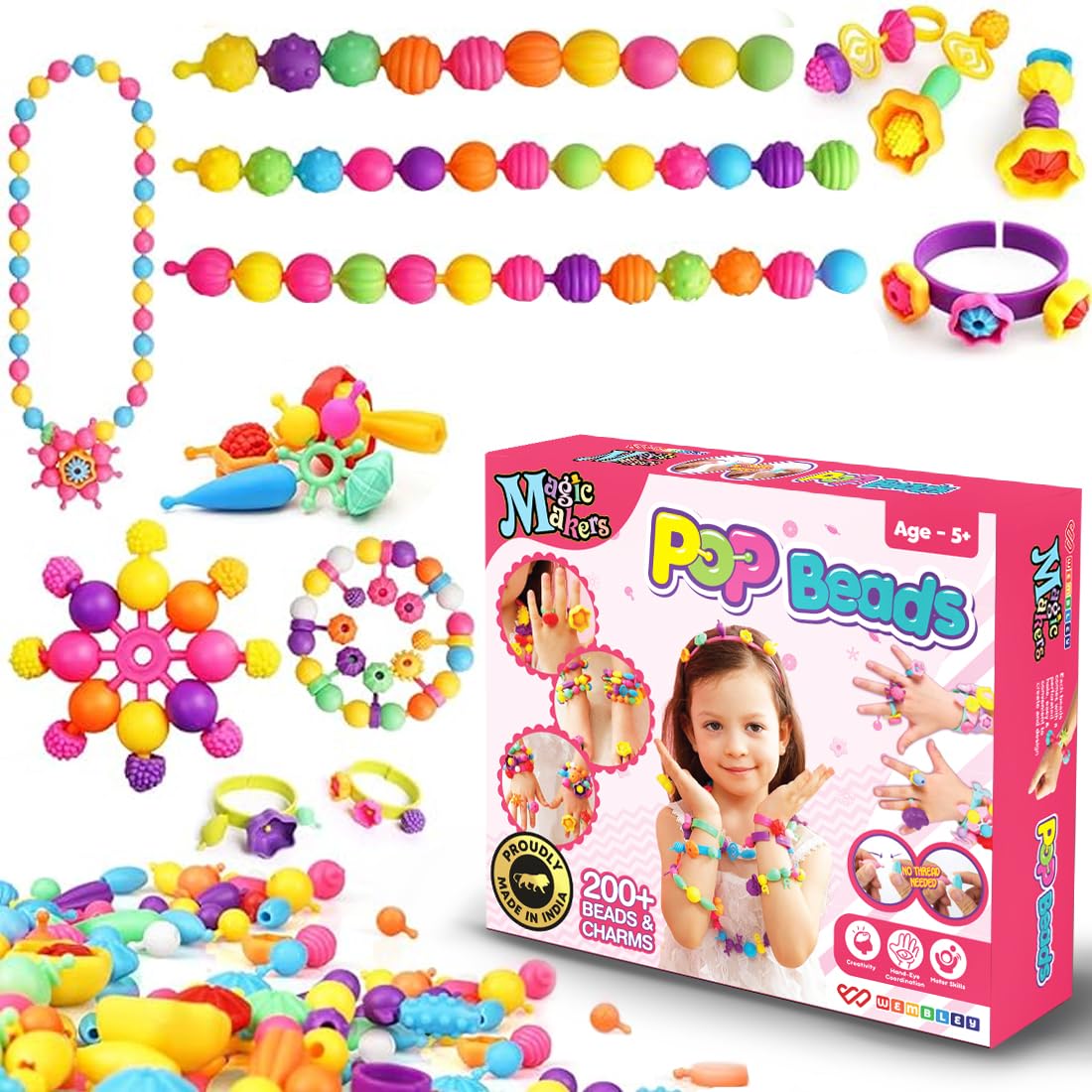 Pop Beads No Thread DIY Jewelry Making Kit for Kids (200+ Beads)