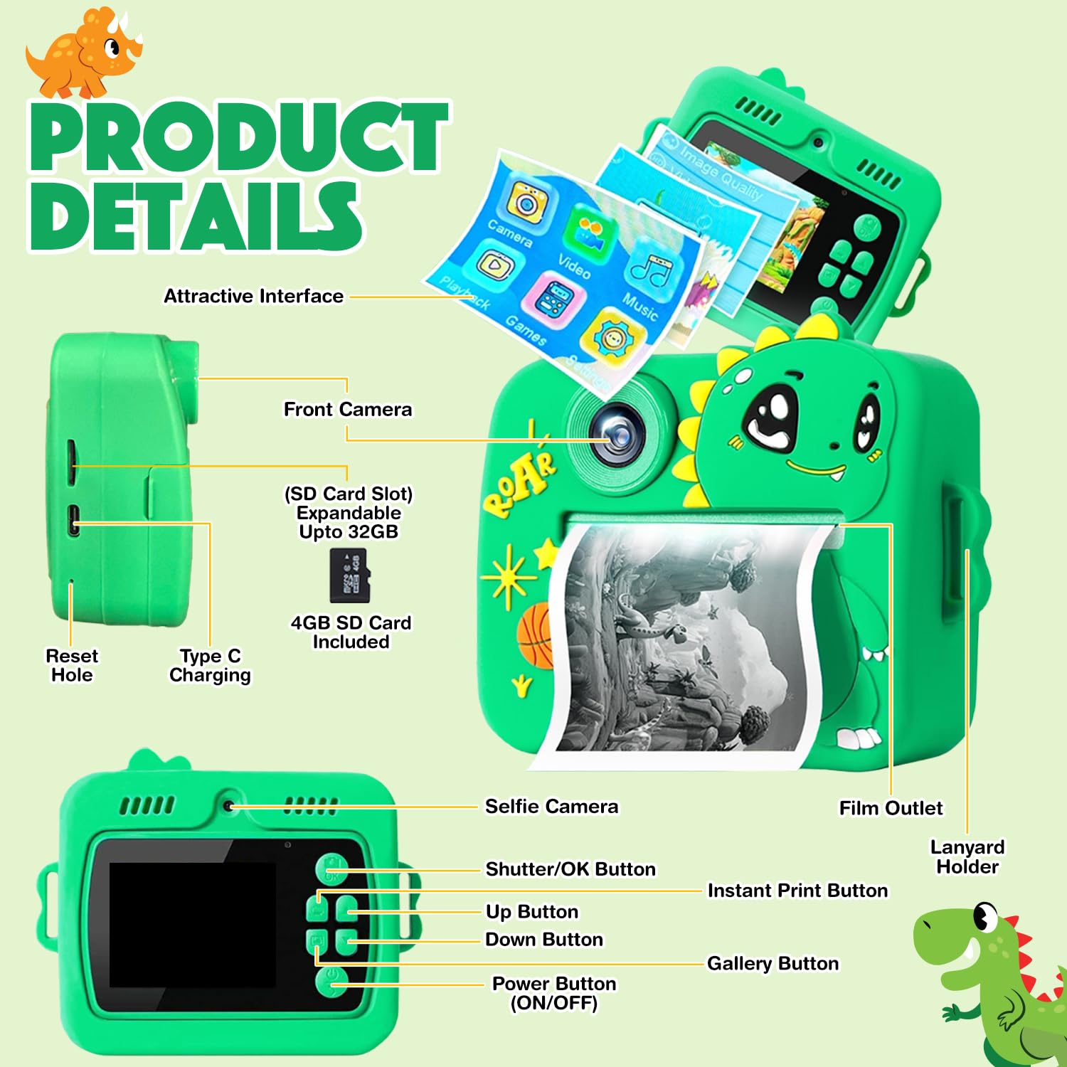 Instant Print Digital Camera for Kids (Dino)