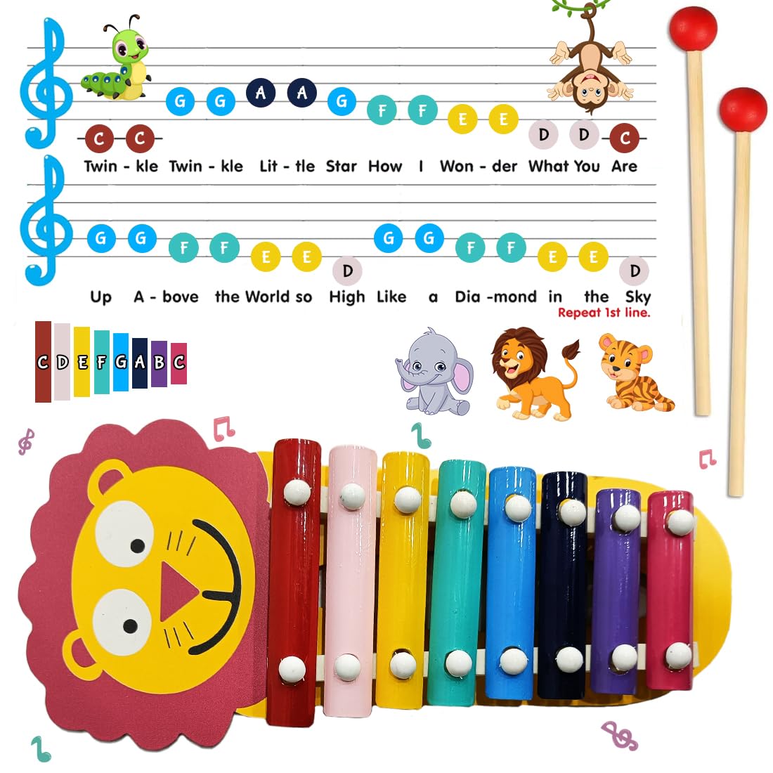 Lion Themed Wooden Preschool Xylophone Piano with 2 Mallets