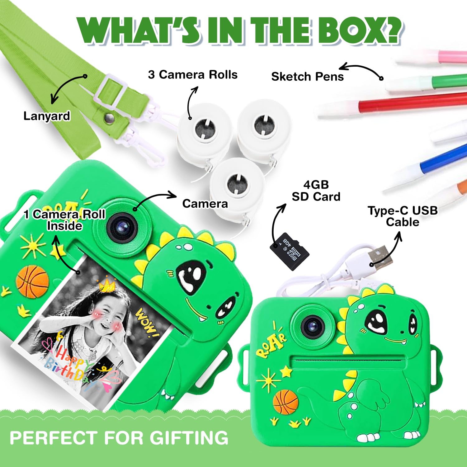 Instant Print Digital Camera for Kids (Dino)