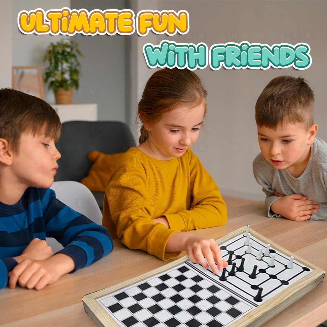 3-in-1 Strategic Wooden Chess Board Indoor Game Set with Strike Master & Nine Men's Morris