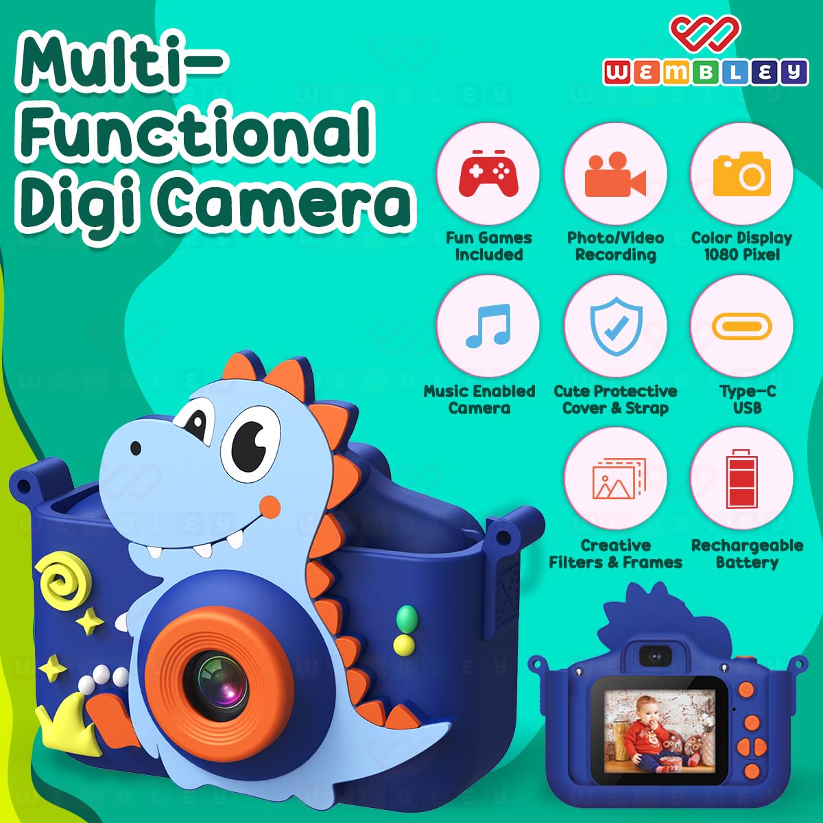 Rechargeable Dinosaur Digital Camera for Kids with 8GB Expandable Storage