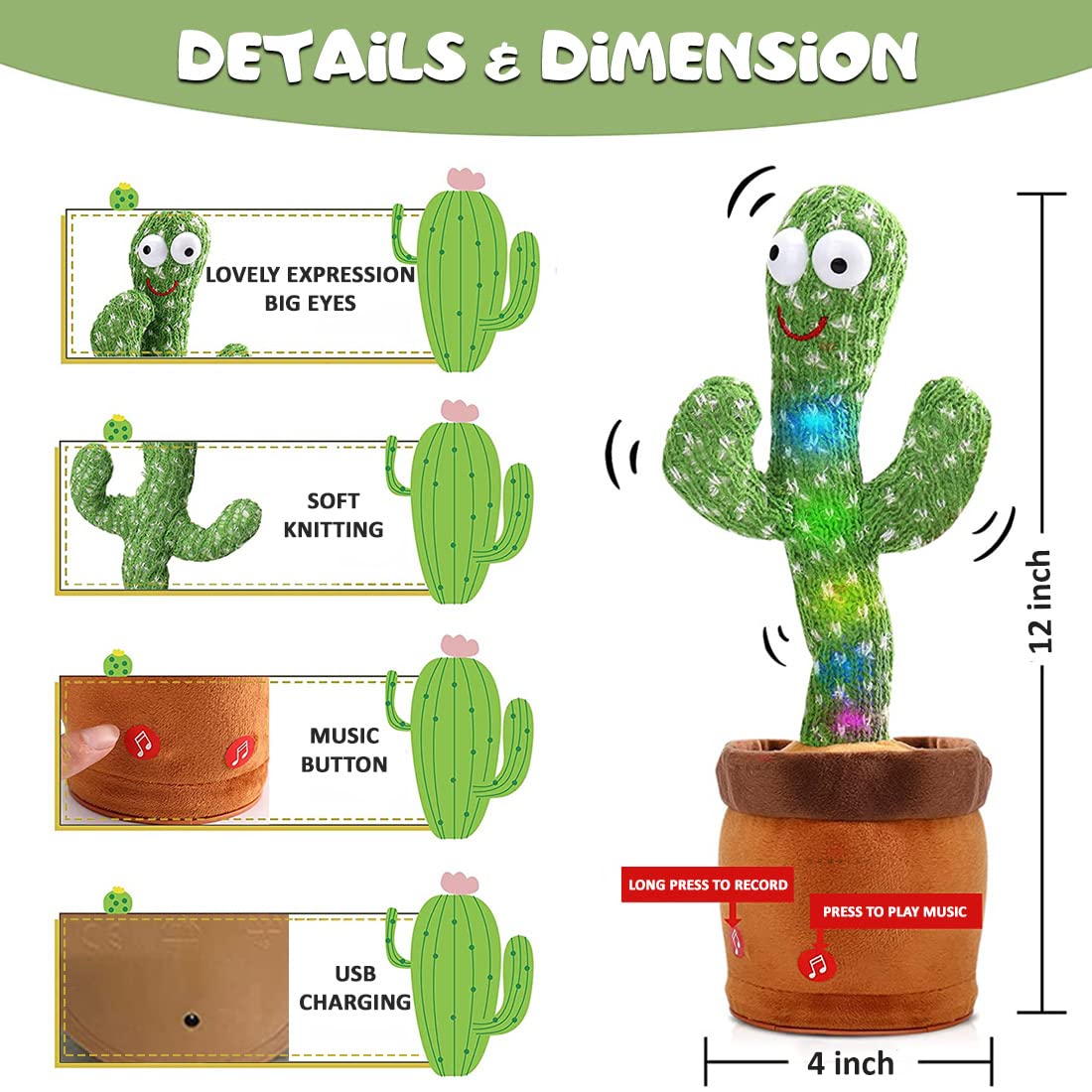 Plush Talking & Dancing Cactus Toy with Lights