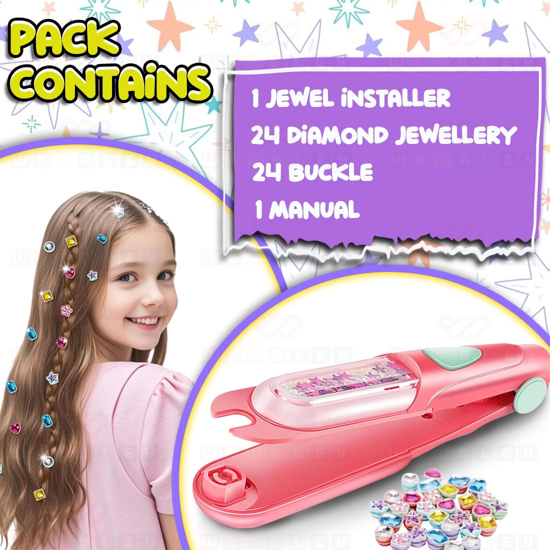 Hair Stapler Decoration Kit with 24 Pcs Jewel Beads & Hair Styling Accessories (Multicolor)