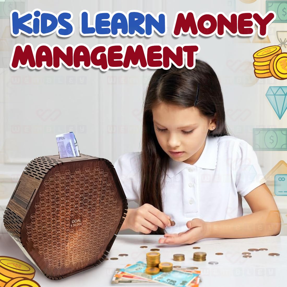 Wooden Hexagon Modern Money Saving Box with Goal Tracker