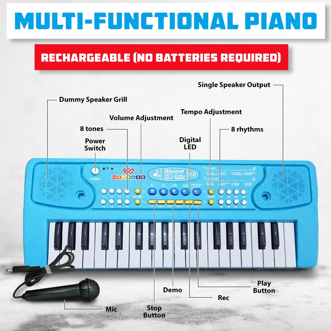 Little Maestro Kids Piano with Microphone (Blue)