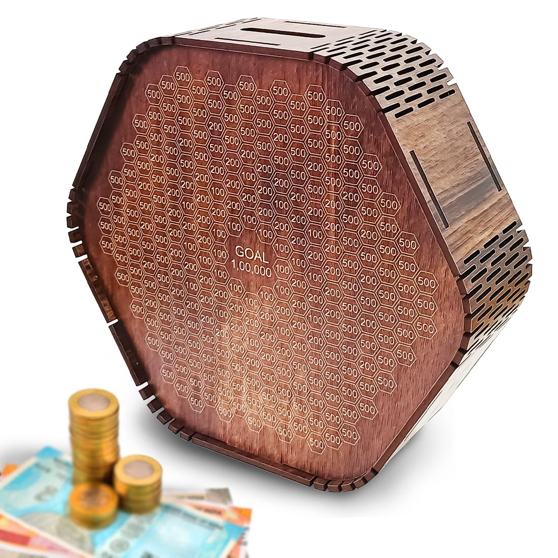 Wooden Hexagon Modern Money Saving Box with Goal Tracker